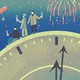 An illustration of three friends raising glasses while standing on top of a giant clock set to midnight. Fireworks burst around them.