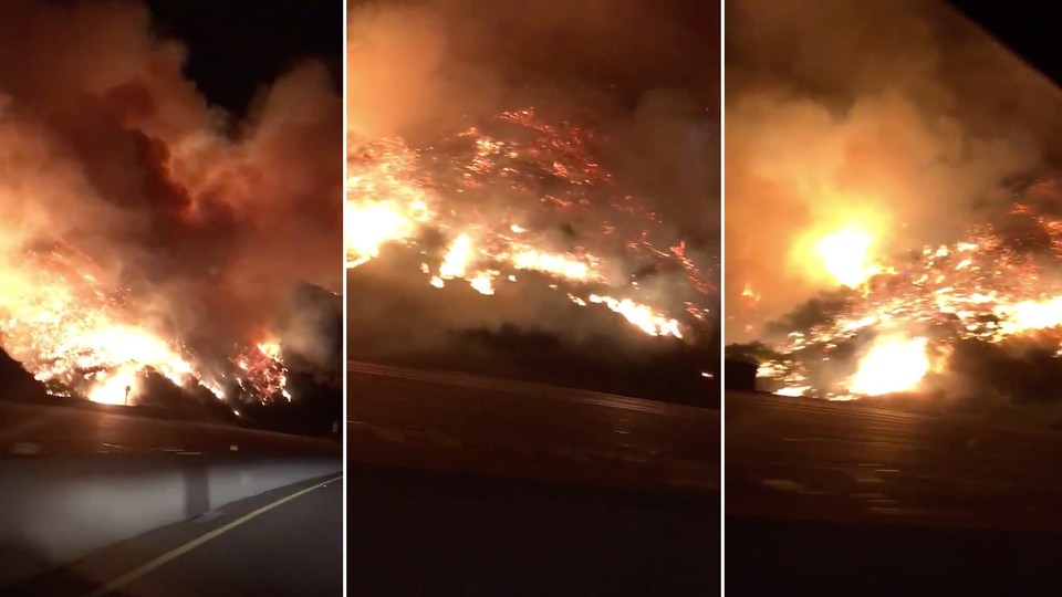 Three cellphone images of fires burning the hillside along the 405 freeway