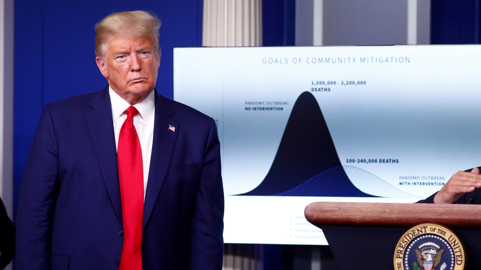 U.S. President Donald Trump stands in front of a chart labeled “Goals of Community Mitigation” showing projected deaths from the coronavirus in the United States.