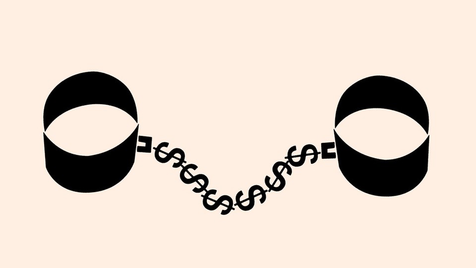 An illustration of shackles with a chain made of dollar signs