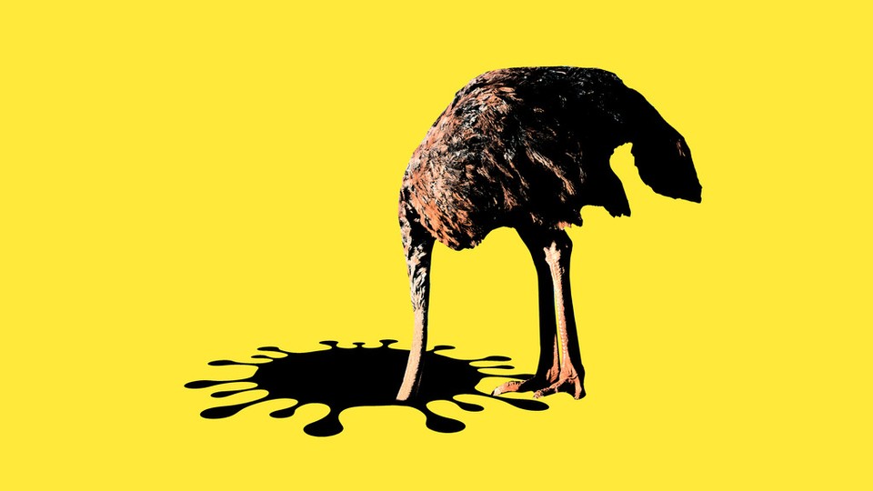 An ostrich sticking its head into a coronavirus-shaped hole