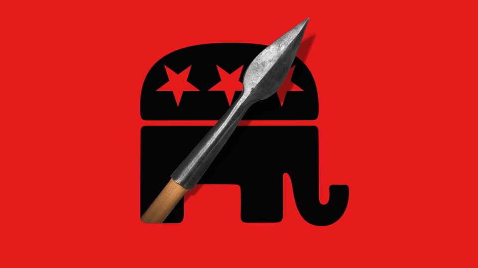 An arrow appearing from a GOP elephant icon