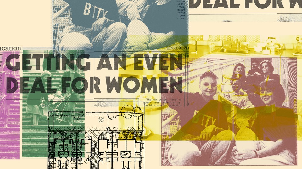 collage including an architectural blueprint, photos of a group of architects, and text reading "getting an even deal for women"