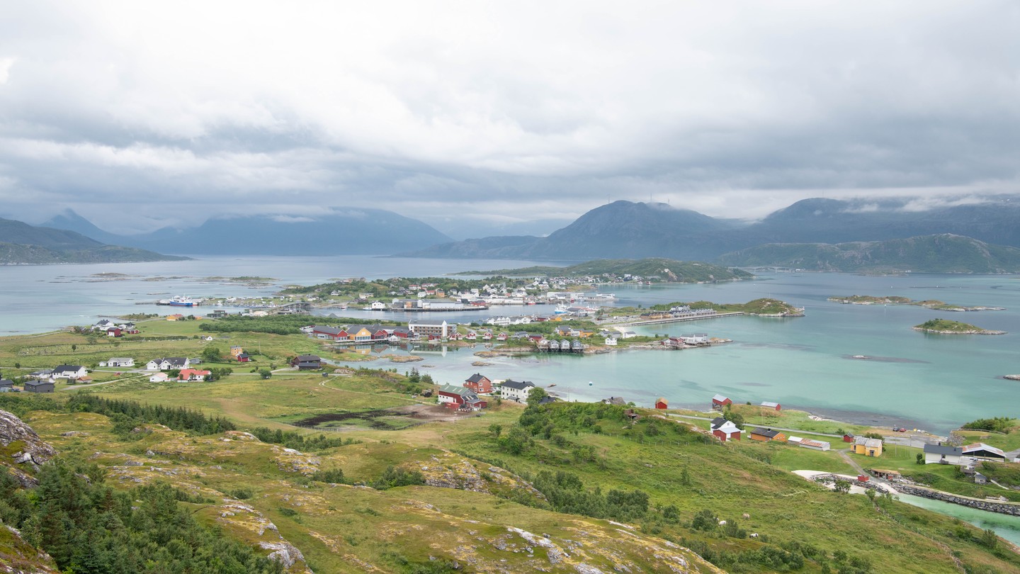 A color photograph of Sommarøy island on a cloudy day