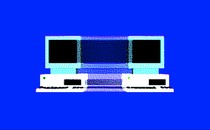 A pixelated animation of an early desktop computer splitting into two copies of itself