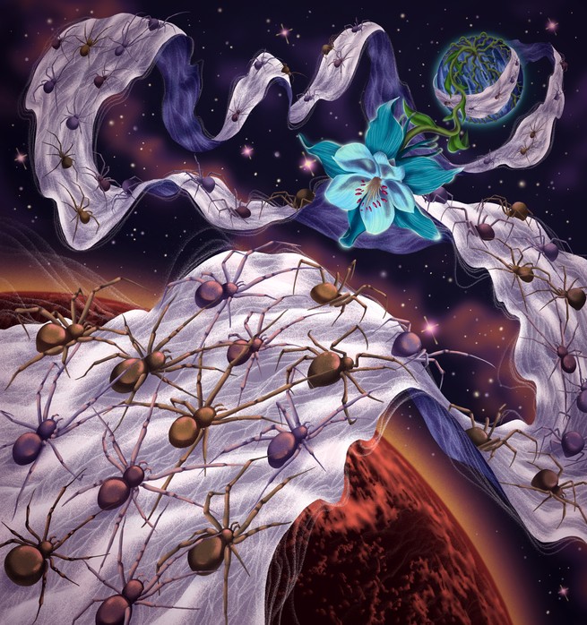 Illustration of a ribbon of spider silk covered with spiders stretching across star-filled space to wrap around a blue planet with a blue flower growing from it