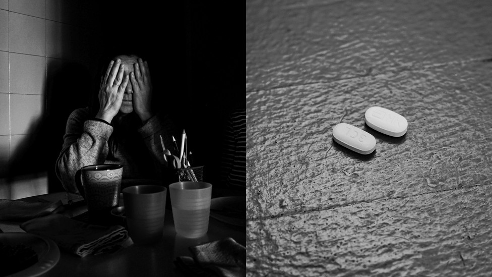 Two black and white images of pills on a counter and a person holding their head in their hands.