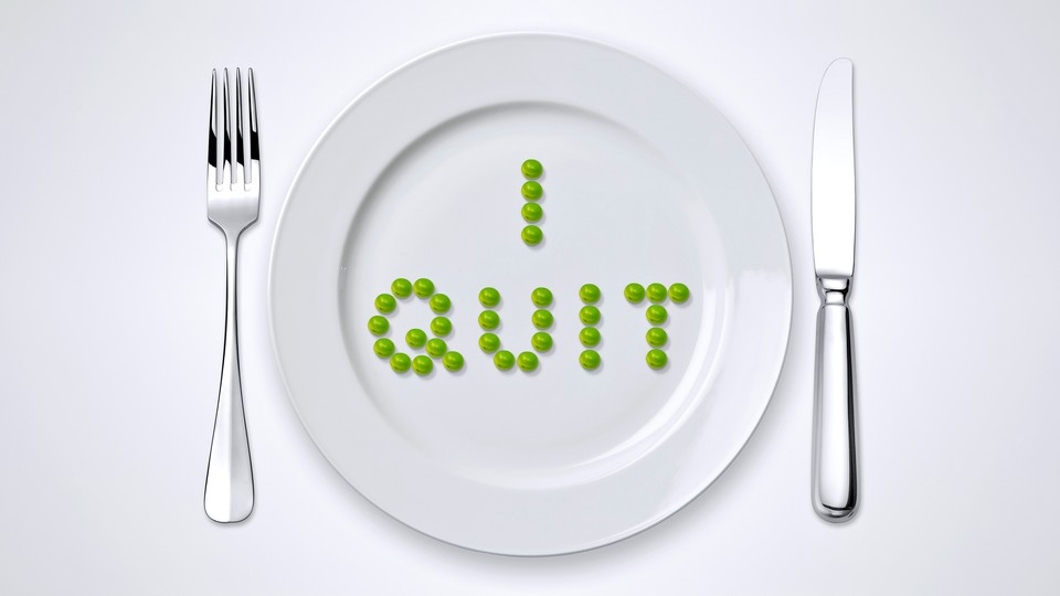 Illustration of a plate with "I quit" spelled out with green peas.