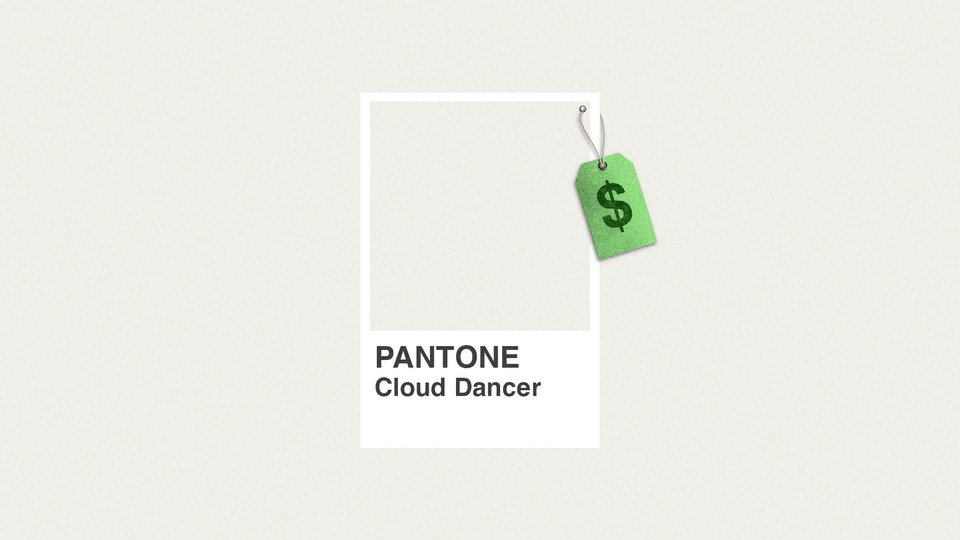A paint swatch of Pantone's "cloud dancer" with a dollar price tag attached to it