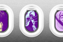 Three faces in airplane windows: one crying, one sipping, and one making an expression of disgust