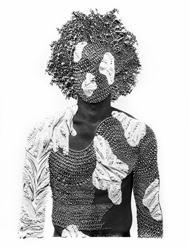 A person's head and torso, in black and white, collaged together from different textures.