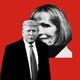 Cutout black-and-white images of Donald Trump and E. Jean Carroll on a red background