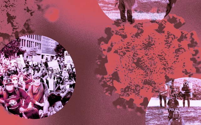 Coronavirus particles and scenes of protest