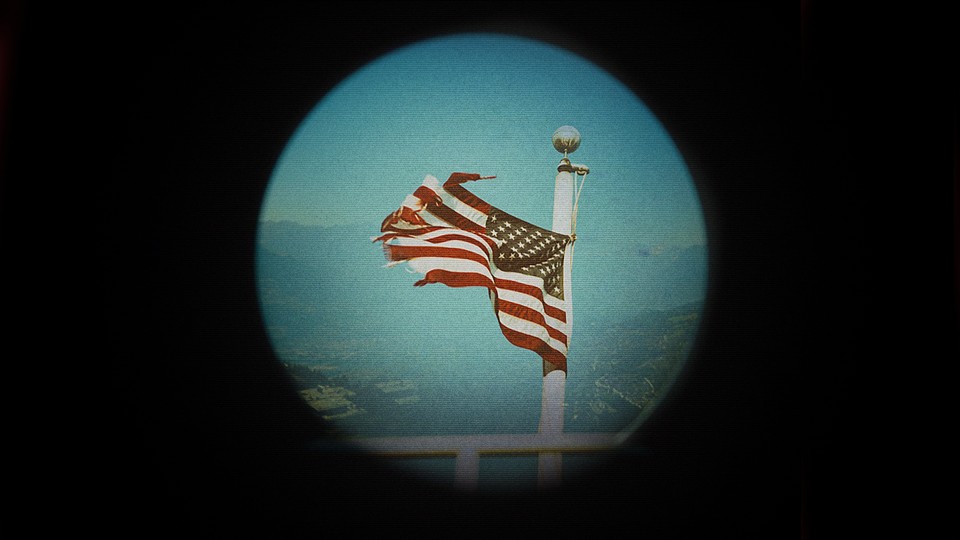 An illustration of a tattered American flag seen through the circle of a telescope.