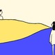 Illustration of two women looking at each other across blue and yellow hills