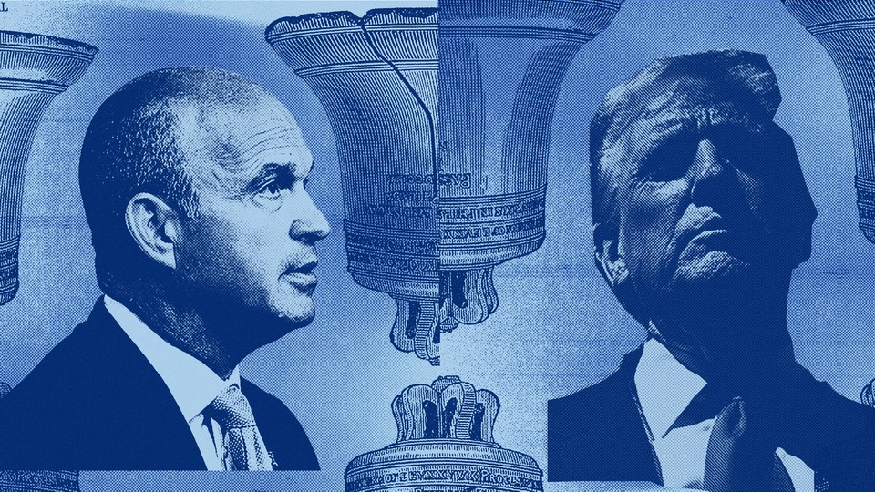 Illustration featuring Donald Trump, Heritage Foundation president Kevin Roberts, and the Liberty Bell