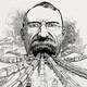 An archival caricature of a railroad baron swallowing America’s train lines