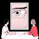 An illustration of a couple sitting at a table with a mother's eye peeking through a window.