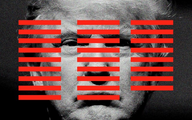 An illustration of a black-and-white photo of Donald Trump overlaid with three columns of horizontal red lines