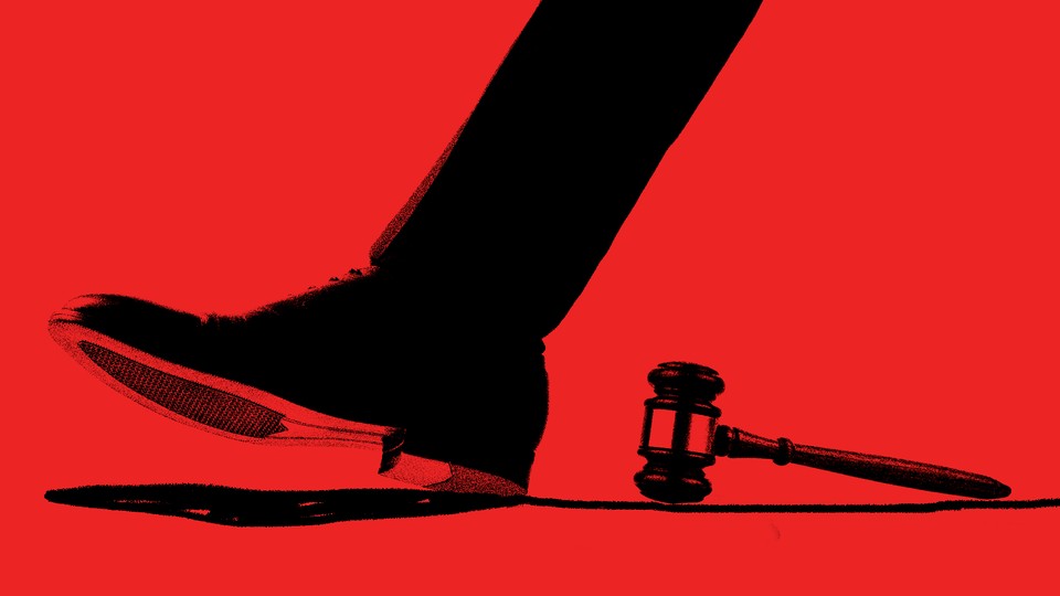 Illustration showing foot walking past judge's hammer
