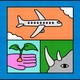 A tiled illustration of a plane, a plant, a rhino, penguins, and a coronavirus