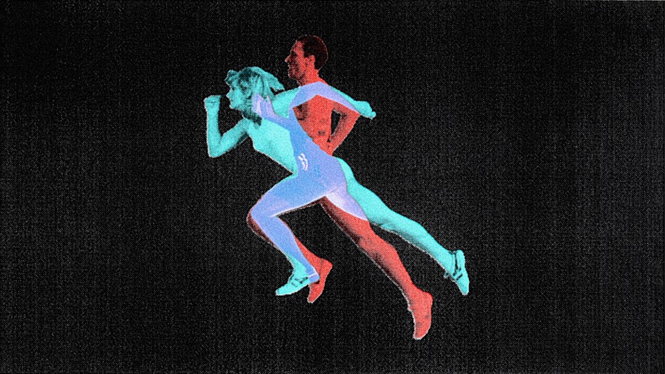 A man and a woman racing each other.