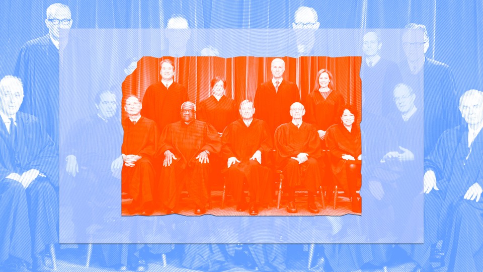 Three pictures showing three generations of Supreme Court justices, superposed. The picture of the current generation is smallest and tinted red, while the other two pictures are larger and tinted blue.
