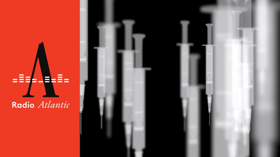 A handful of vaccine syringes photographed in black and white appear to be floating