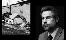 A picture of a tent next to an image of Michael Shellenberger