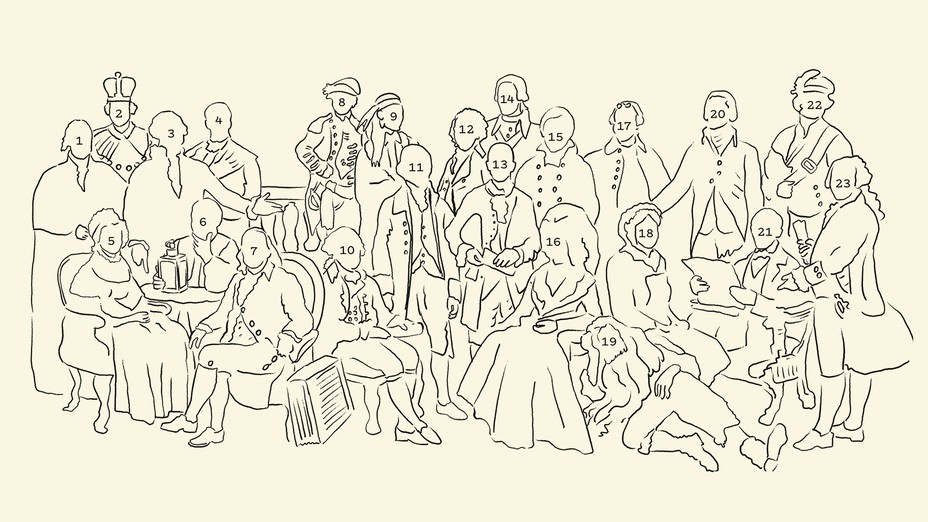 un diagrama de la portada de noviembre con contornos de las personas representadas y números correspondientes a sus nombres en la siguiente lista