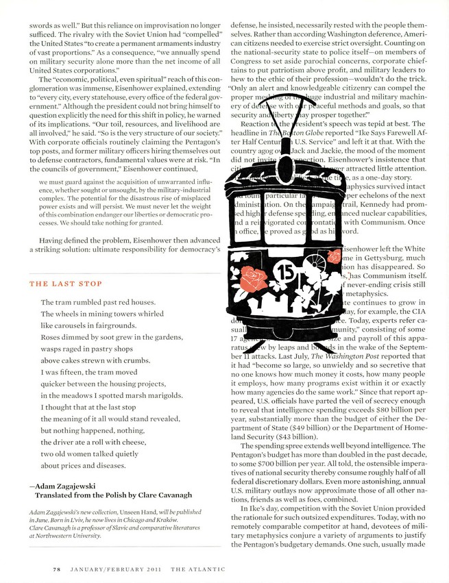 The original page with an illustration of a tram painted on top, in black and orange
