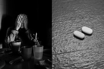 On the left, a black-and-white photo of a person with their face in their hands, and on the right, a pair of oval pills