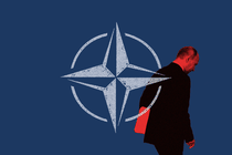 An illustration of Vladimir Putin and the NATO symbol