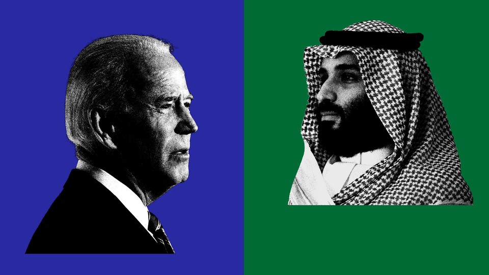 An illustration juxtaposing pictures in profile of Mohammed bin Salman and Joe Biden