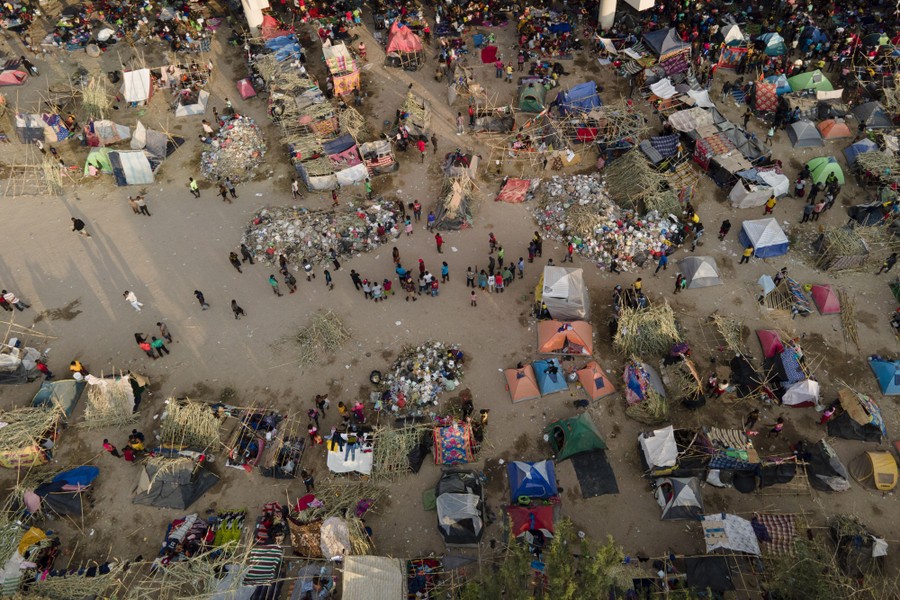 An aerial view of a migrant camp.
