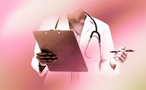 A hazy image of a doctor holding a clipboard, with a pink-and-orange background