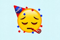 An illustration of a sad-faced emoji wearing a little party hat with NASA's logo on it