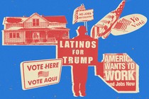 Collage of images evoking Latino American politics