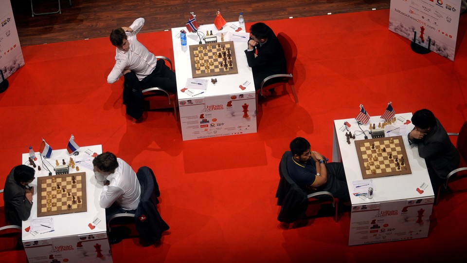 Three games of chess are observed from overhead