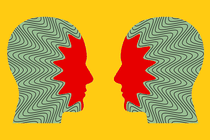 Artwork depicting two heads facing each other, with red faces and green heads with black zigzags spreading from their faces.