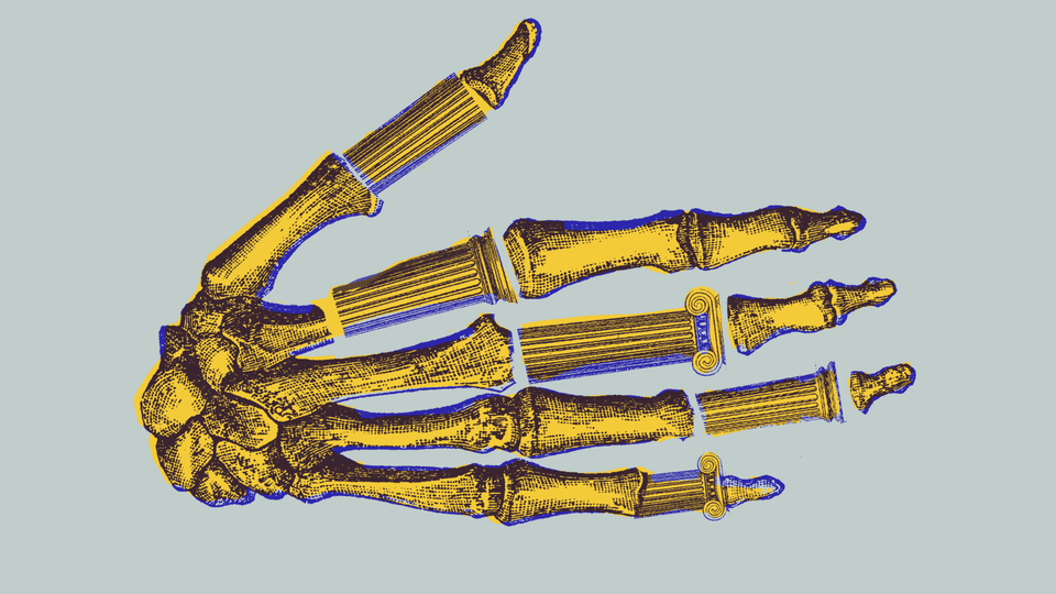 A skeletal hand made up of Greek columns.