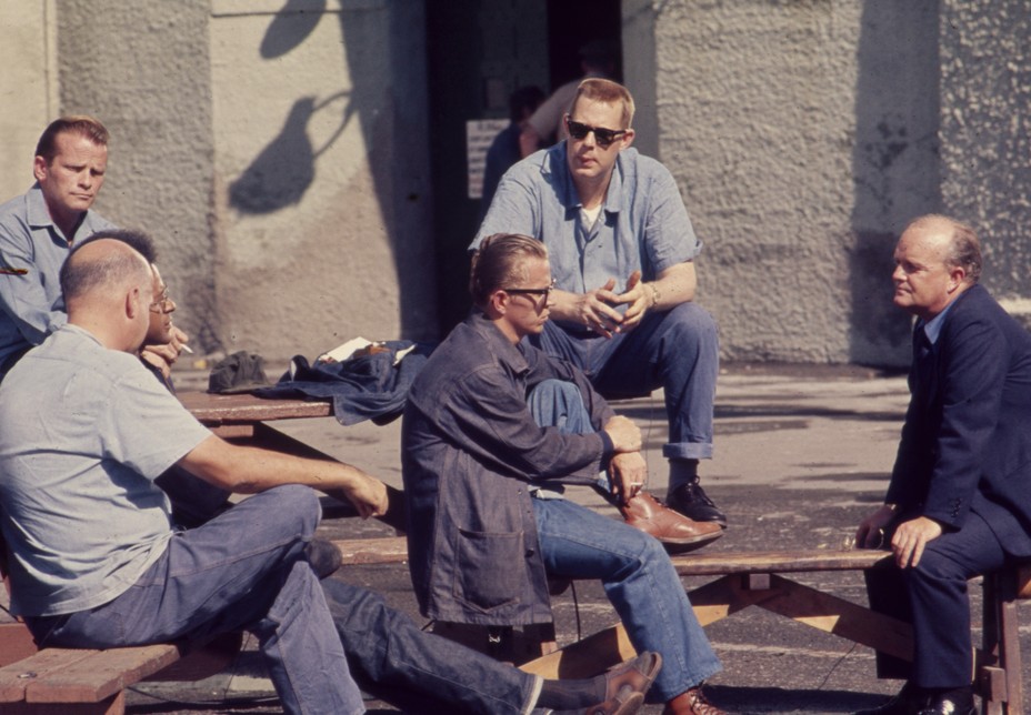 Picture of Truman Capote interviewing prisoners at San Quentin