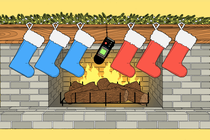 Blue and red Christmas stockings hung up on a mantel and separated by a handheld tape recorder.