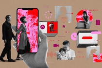 People engage in activities together, surrounded by screens and images of meat.