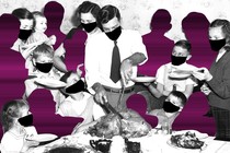 An illustration of a Thanksgiving meal, with diners wearing masks