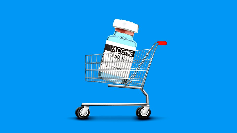 An enlarged COVID-19 vaccine vial in a shopping cart