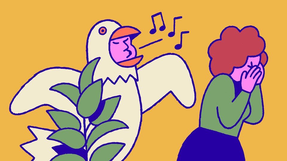 A man in a bird suit whistling near his aggravated wife