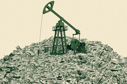 an oil derrick atop a pile of money