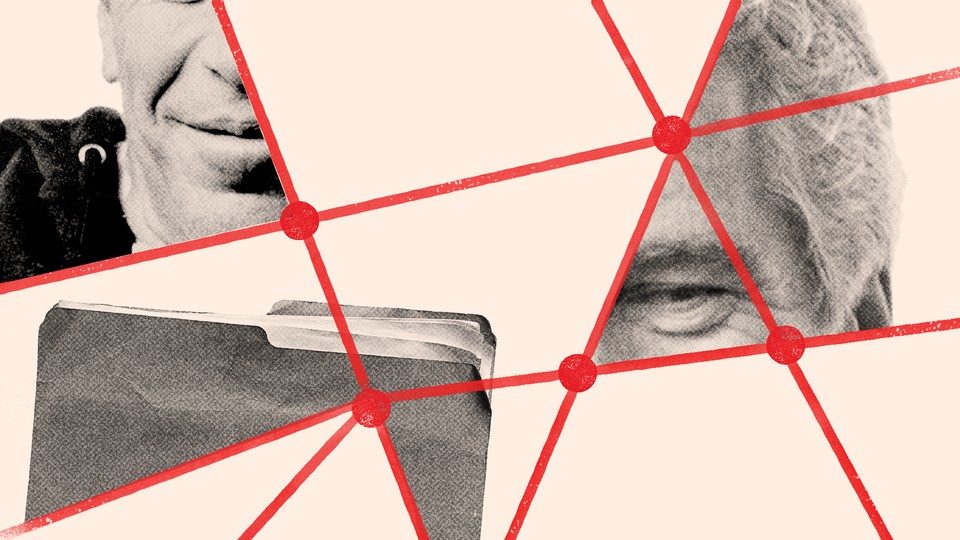 An illustration of Jeffrey Epstein's face with a folder