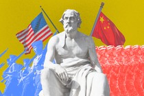 Artwork depicting a statue of Thucydides, flanked by an American army on one side and by a Chinese army on the other.